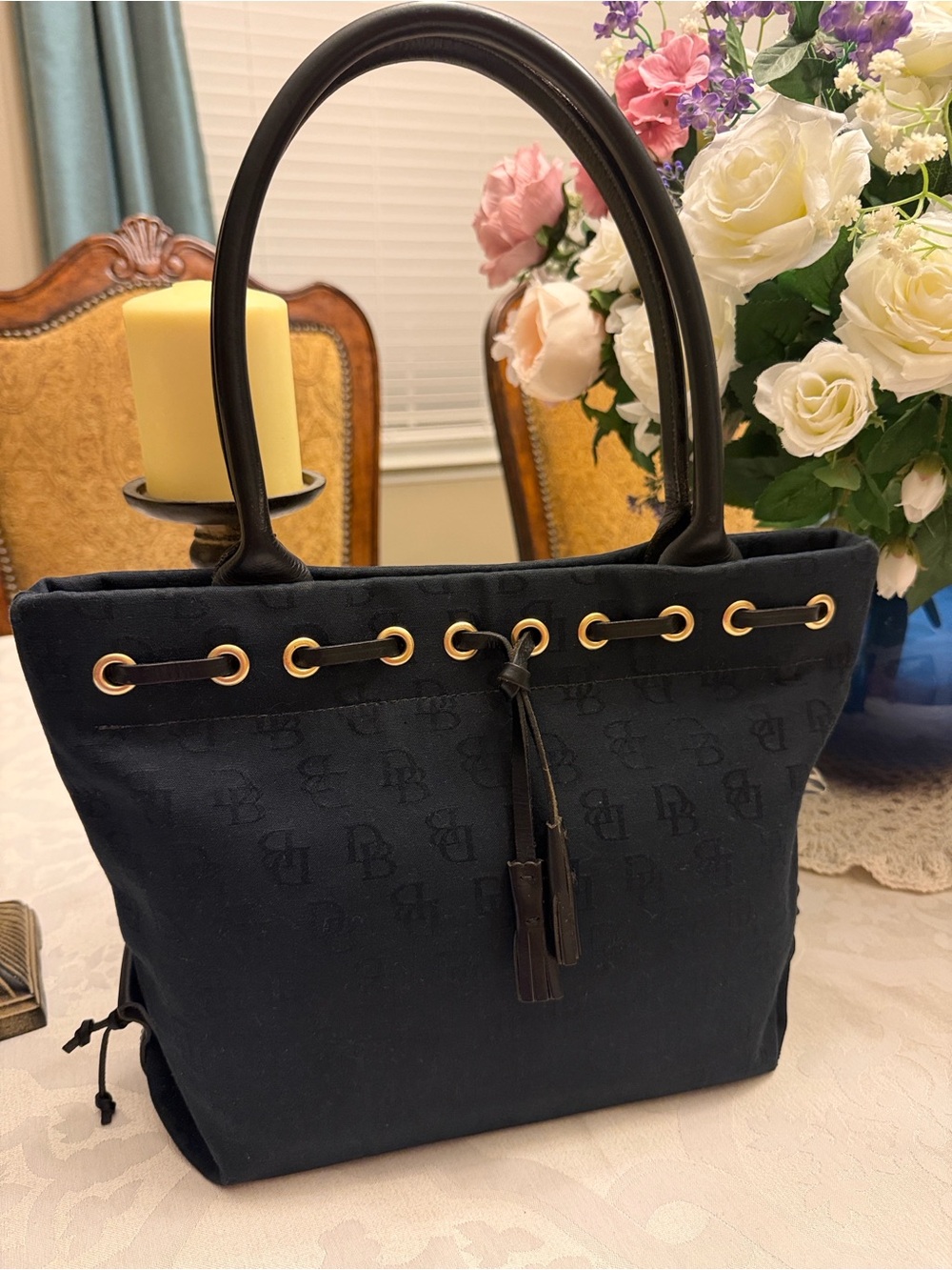 Dooney and Bourke Tulip Tassel Tote in Signature Canvas and Leather